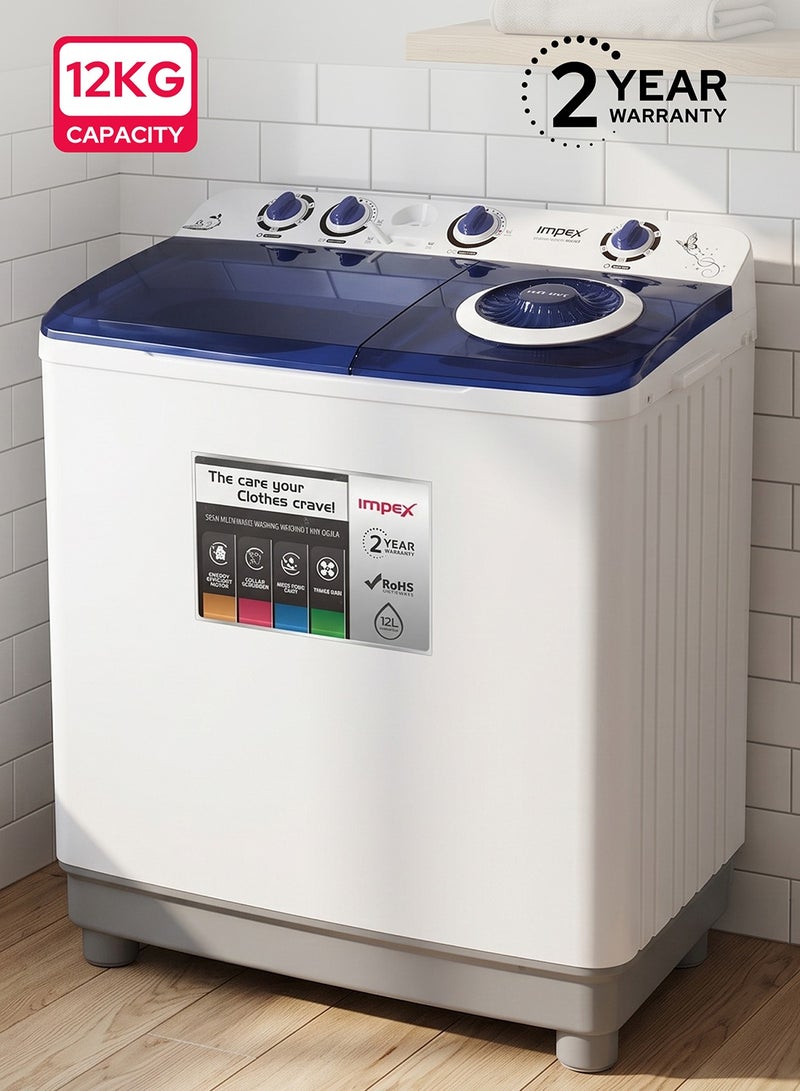 Impex 12 Kg Semi Automatic Washing Machine, Air Turbo Dry, Double Layer Strong Body, Transparent Blue Window Lid, Low Noise Energy Efficient Motor, Handwash Design, High Clean Ratio, Cooler Scrubber, Wash Buzzer, 12Kg Washing Capacity, 6.5Kg Spin Capacity, 420W Wash Power, Durable & Moderate Temperature Resistant, Cleaning Cloths Dresses, 2 Year Warranty - WM 4205, White & Grey Body 12 kg 420 W WM 4205 Black/White/Grey - Image 1