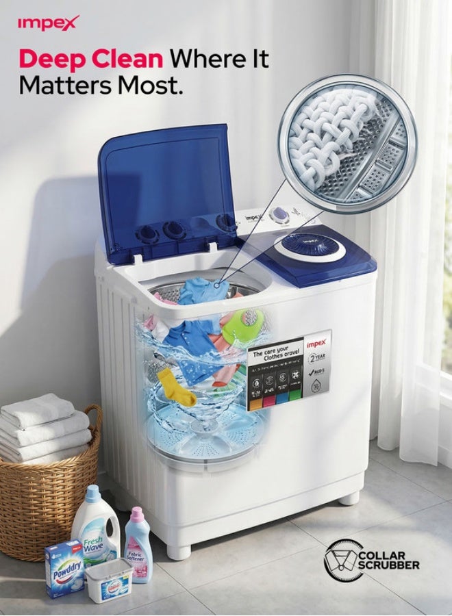 Impex 12 Kg Semi Automatic Washing Machine, Air Turbo Dry, Double Layer Strong Body, Transparent Blue Window Lid, Low Noise Energy Efficient Motor, Handwash Design, High Clean Ratio, Cooler Scrubber, Wash Buzzer, 12Kg Washing Capacity, 6.5Kg Spin Capacity, 420W Wash Power, Durable & Moderate Temperature Resistant, Cleaning Cloths Dresses, 2 Year Warranty - WM 4205, White & Grey Body 12 kg 420 W WM 4205 Black/White/Grey - Image 5