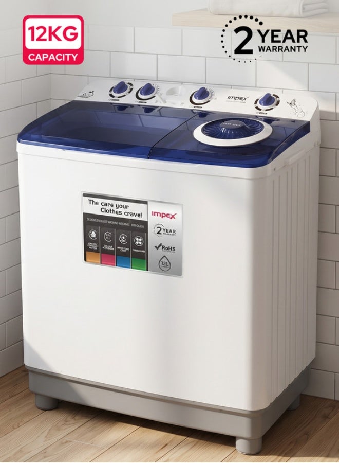 Impex 12 Kg Semi Automatic Washing Machine, Air Turbo Dry, Double Layer Strong Body, Transparent Blue Window Lid, Low Noise Energy Efficient Motor, Handwash Design, High Clean Ratio, Cooler Scrubber, Wash Buzzer, 12Kg Washing Capacity, 6.5Kg Spin Capacity, 420W Wash Power, Durable & Moderate Temperature Resistant, Cleaning Cloths Dresses, 2 Year Warranty - WM 4205, White & Grey Body 12 kg 420 W WM 4205 Black/White/Grey - Image 1