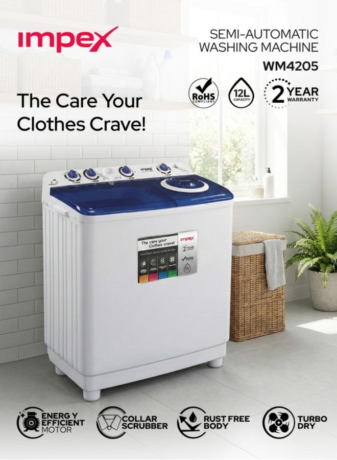 Impex 12 Kg Semi Automatic Washing Machine, Air Turbo Dry, Double Layer Strong Body, Transparent Blue Window Lid, Low Noise Energy Efficient Motor, Handwash Design, High Clean Ratio, Cooler Scrubber, Wash Buzzer, 12Kg Washing Capacity, 6.5Kg Spin Capacity, 420W Wash Power, Durable & Moderate Temperature Resistant, Cleaning Cloths Dresses, 2 Year Warranty - WM 4205, White & Grey Body 12 kg 420 W WM 4205 Black/White/Grey - Image 2