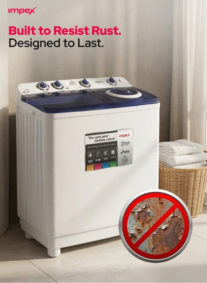 Impex 12 Kg Semi Automatic Washing Machine, Air Turbo Dry, Double Layer Strong Body, Transparent Blue Window Lid, Low Noise Energy Efficient Motor, Handwash Design, High Clean Ratio, Cooler Scrubber, Wash Buzzer, 12Kg Washing Capacity, 6.5Kg Spin Capacity, 420W Wash Power, Durable & Moderate Temperature Resistant, Cleaning Cloths Dresses, 2 Year Warranty - WM 4205, White & Grey Body 12 kg 420 W WM 4205 Black/White/Grey - Image 3