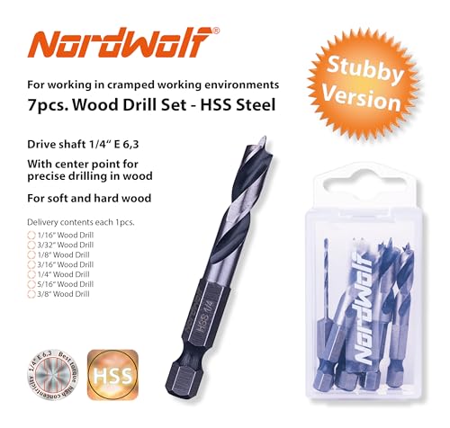 NordWolf 7-Piece HSS Brad Point Stubby Wood Drill Bit Set with 1/4" Hex Shank for Carpenter Woodworking, SAE Sizes 1/16"-3/32"-1/8"-3/16"-1/4"-5/16"-3/8" - Image 2