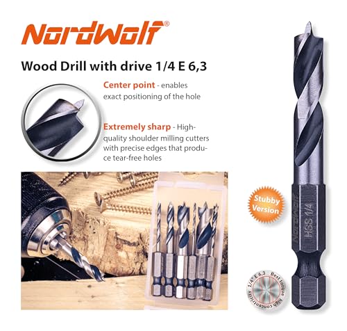 NordWolf 7-Piece HSS Brad Point Stubby Wood Drill Bit Set with 1/4" Hex Shank for Carpenter Woodworking, SAE Sizes 1/16"-3/32"-1/8"-3/16"-1/4"-5/16"-3/8" - Image 3