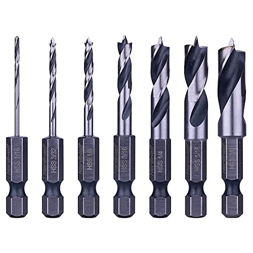 NordWolf 7-Piece HSS Brad Point Stubby Wood Drill Bit Set with 1/4" Hex Shank for Carpenter Woodworking, SAE Sizes 1/16"-3/32"-1/8"-3/16"-1/4"-5/16"-3/8" - Image 1