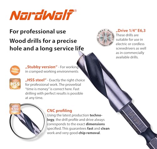 NordWolf 7-Piece HSS Brad Point Stubby Wood Drill Bit Set with 1/4" Hex Shank for Carpenter Woodworking, SAE Sizes 1/16"-3/32"-1/8"-3/16"-1/4"-5/16"-3/8" - Image 4