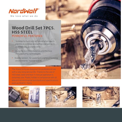 NordWolf 7-Piece HSS Brad Point Stubby Wood Drill Bit Set with 1/4" Hex Shank for Carpenter Woodworking, SAE Sizes 1/16"-3/32"-1/8"-3/16"-1/4"-5/16"-3/8" - Image 5