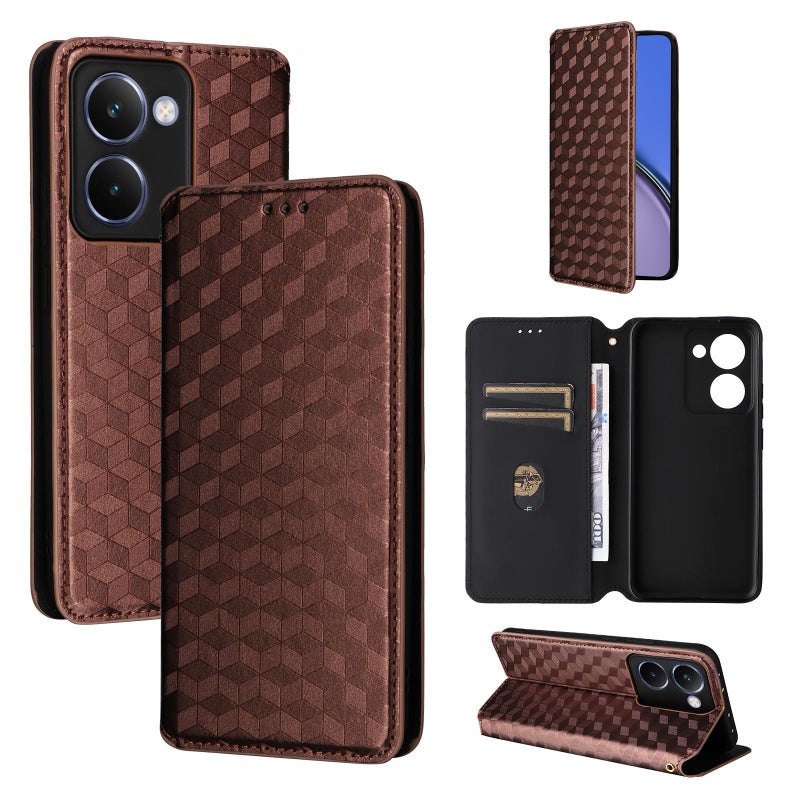 إيروريكس جراب هاتف جلدي قلاب بتصميم شبكي مكعب لهاتف Realme P3 Ultra 5G (بني) - Image 1
