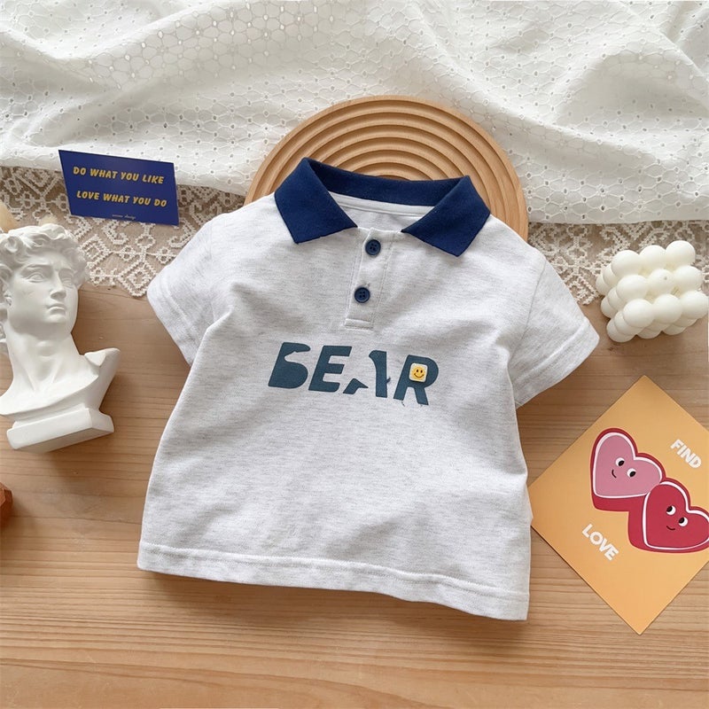 Korean Style Baby Clothes 2024 Summer New 1-3 Years Old Baby Boy Cotton Two-Piece Thin Class A Outfit P gray [polo T-shirt]]