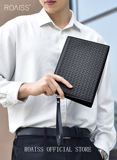 حقيبة كلاتش رجالية كبيرة السعة من روايس، مناسبة للأعمال غير الرسمية، مقاومة للارتداء، مصنوعة من قماش ناعم متعدد الطبقات، عالية الجودة من الداخل، مصنوعة من مادة البولي يوريثان، فتحات متعددة للبطاقات، حقيبة يد سوداء مقاومة للماء