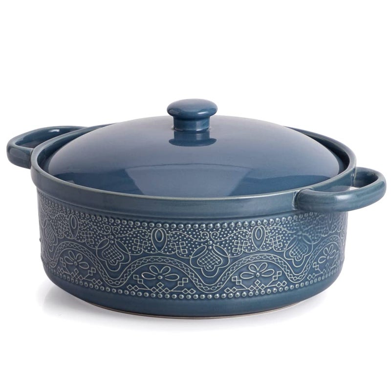 FE FUN ELEMENTS FUN ELEMENTS Lace Emboss Casserole Dish with Lid, 2 Quart Oven to Table Ceramic Round Serving Dish with Handles for Dinner and Party, Thanksgiving Christmas Gifts(Grayish Blue) - Image 1