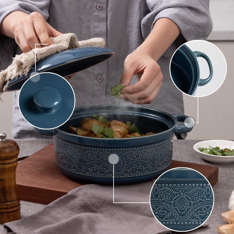 FE FUN ELEMENTS FUN ELEMENTS Lace Emboss Casserole Dish with Lid, 2 Quart Oven to Table Ceramic Round Serving Dish with Handles for Dinner and Party, Thanksgiving Christmas Gifts(Grayish Blue) - Image 3