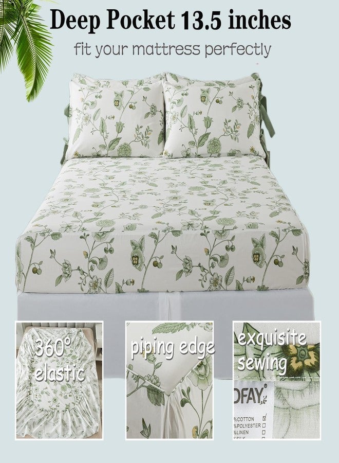 FADFAY Twin XL Floral Sheets for College Girls Premium Percale Cotton Green Flower Bed Sheet with Cute Bowknot Design Shabby Vintage Chic Bedding Dorm Room Soft Breathable Deep Pocket Fittes Sheet - Image 2