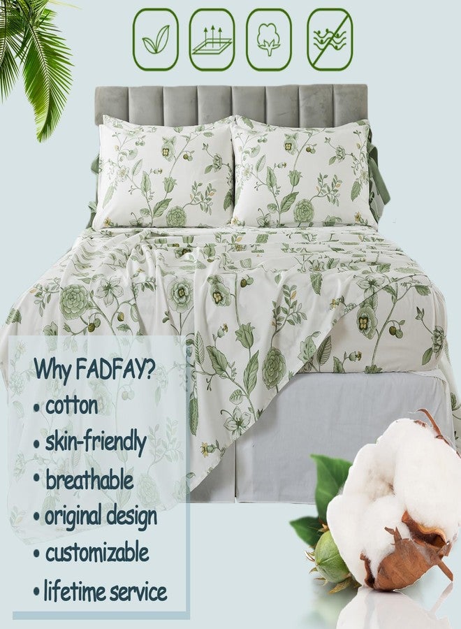 FADFAY Twin XL Floral Sheets for College Girls Premium Percale Cotton Green Flower Bed Sheet with Cute Bowknot Design Shabby Vintage Chic Bedding Dorm Room Soft Breathable Deep Pocket Fittes Sheet - Image 4