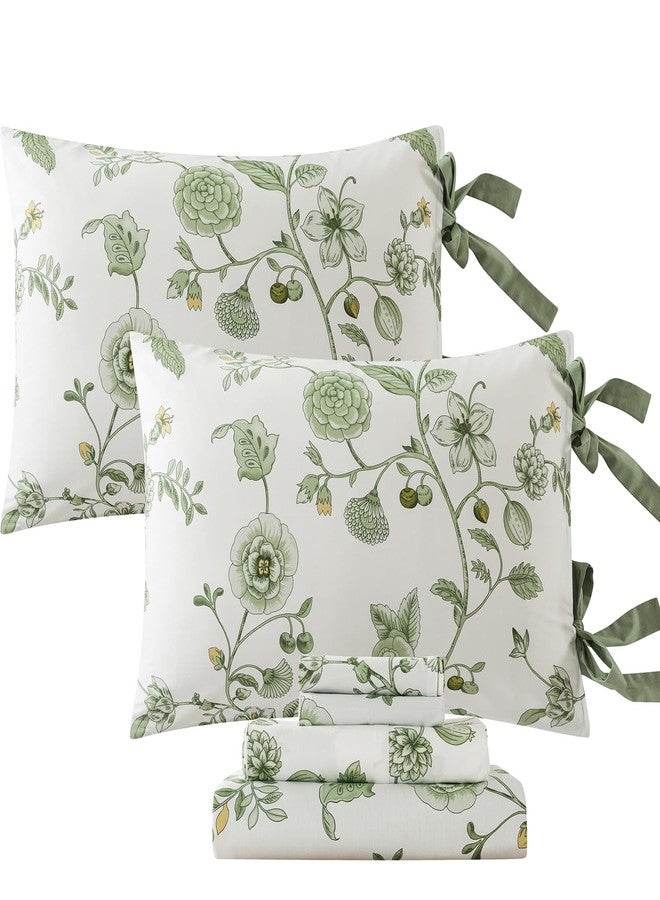 FADFAY Twin XL Floral Sheets for College Girls Premium Percale Cotton Green Flower Bed Sheet with Cute Bowknot Design Shabby Vintage Chic Bedding Dorm Room Soft Breathable Deep Pocket Fittes Sheet - Image 1