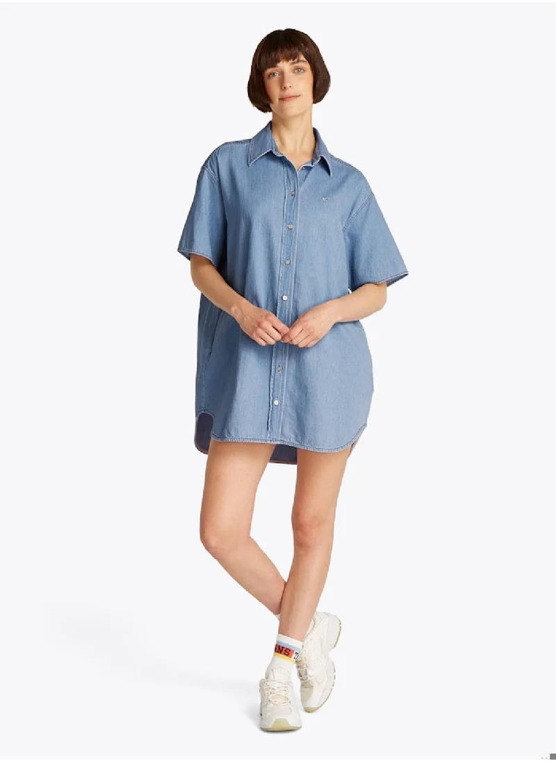 TOMMY JEANS Women's Mini Denim Short Sleeve Shirt Dress - Cotton, Blue