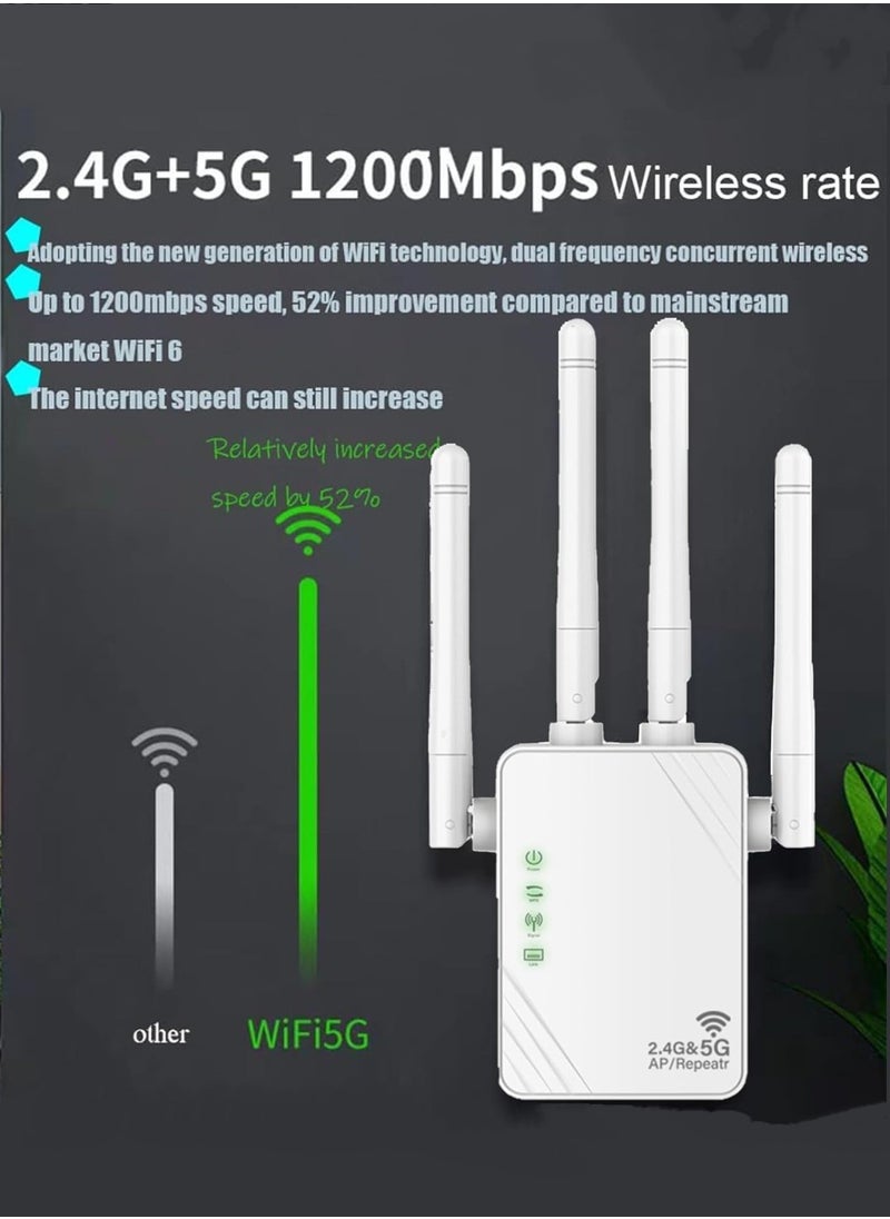 Aookay - [Upgraded] WiFi Extender, WiFi Range Extender, 5G 1200 Mbps Dual Frequency, Mini Compact Internet Extender for Home, Wireless WiFi Repeater (White) - Image 1