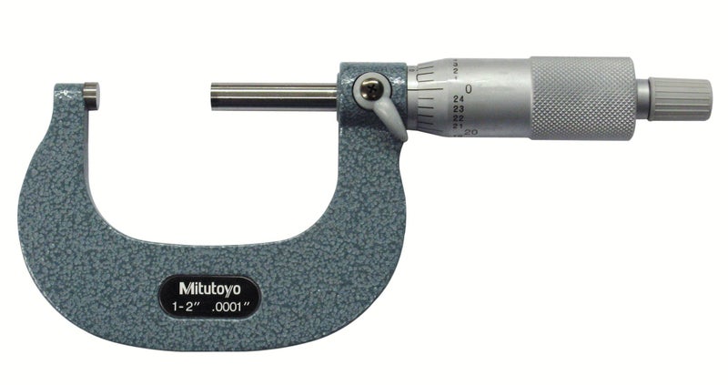 Mitutoyo 103-262 Outside Micrometer, Baked-enamel Finish, Ratchet Stop, 1-2" Range, 0.0001" Graduation, +/-0.0001" Accuracy, Angled Frame