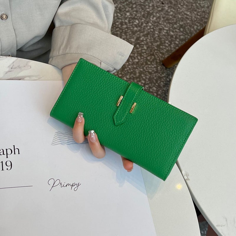 Genuine Leather Long Womens Wallet Hot-selling Top-layer Cowhide Two-fold Clutch Bag Womens Multi-card Design Mobile Phone Bag gem green
