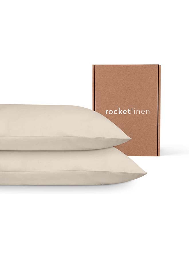 rocketlinen Rocketlinen 400 Threadcount Pillow Cases 100% Cotton Set of Two Sateen Weave Hotel Style Beige (Queen Pillowcases 50x75cm)  - Image 1