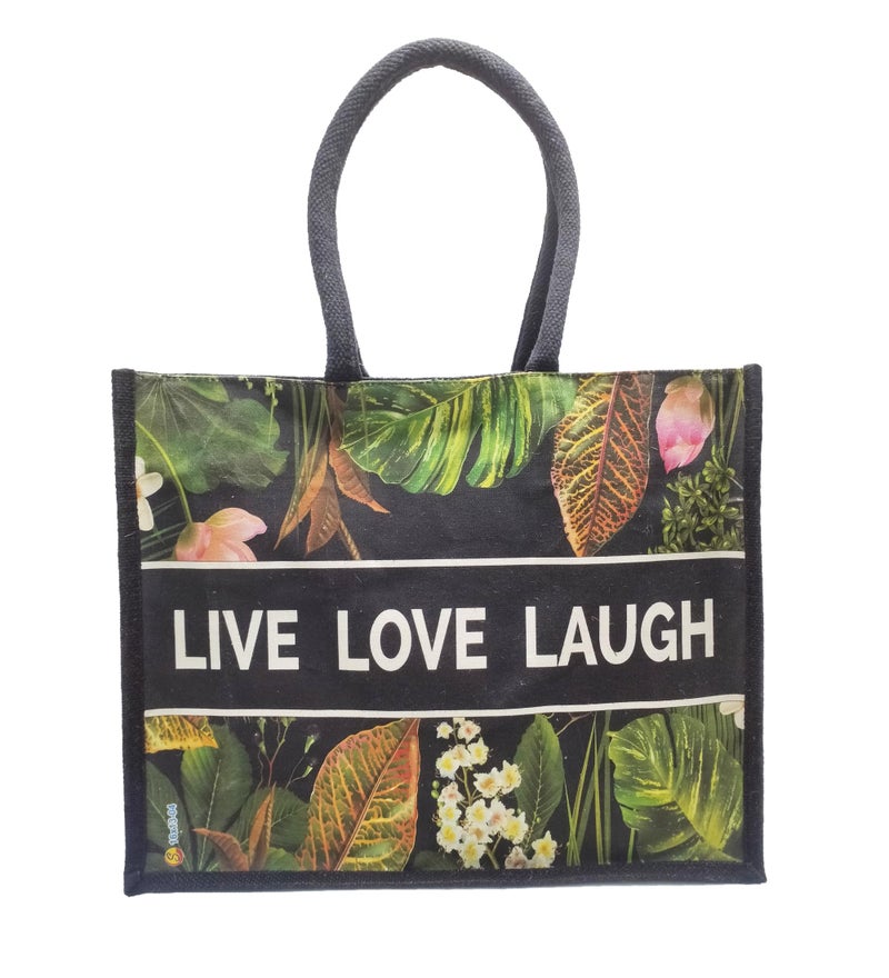 Sangra Multicolour Black Jute Bag For Men and Women Lunch Bag with Zip and handle (Live Love Laugh) - Image 1
