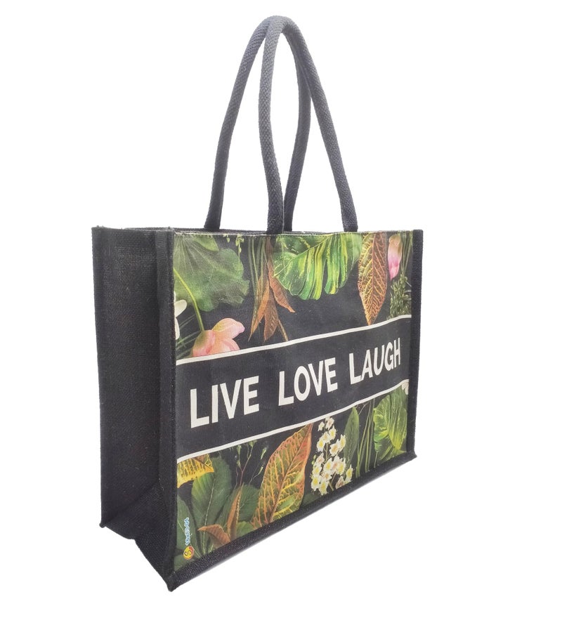 Sangra Multicolour Black Jute Bag For Men and Women Lunch Bag with Zip and handle (Live Love Laugh) - Image 2