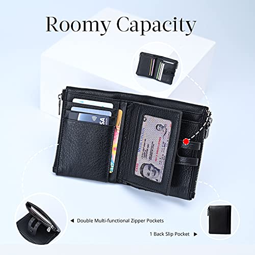 Bveyzi Small Soft Leather Wallet for Women RFID Blocking Ladies Card Holder with Double Zipper Pocket (Black) - Image 3