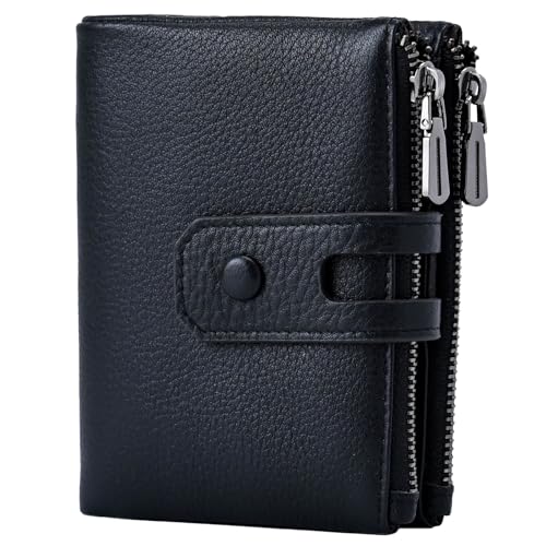 Bveyzi Small Soft Leather Wallet for Women RFID Blocking Ladies Card Holder with Double Zipper Pocket (Black) - Image 1