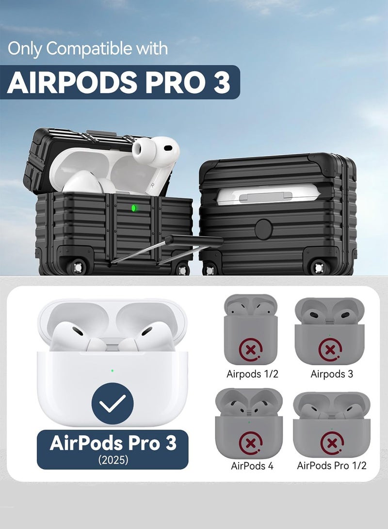 حافظة لسماعات AirPods Pro 3 بتصميم حقيبة سفر، مزودة بقفل وحامل للهاتف — غطاء واقٍ صلب وجذاب مع طقم تنظيف وسلسلة مفاتيح — توفر حماية شاملة لسماعات AirPods Pro (الجيل الثالث 2025) — اللون: أسود - Image 4