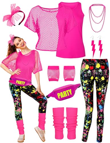 CICOCI 80s 90s Outfit For Women Neno Party Fishnet Top1980s Costume with 80s Accessories Set Retro Party Leg Warmers Headband Pink - Image 1