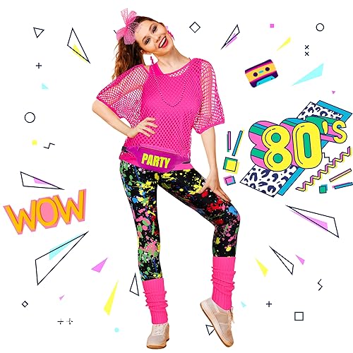 CICOCI 80s 90s Outfit For Women Neno Party Fishnet Top1980s Costume with 80s Accessories Set Retro Party Leg Warmers Headband Pink - Image 3