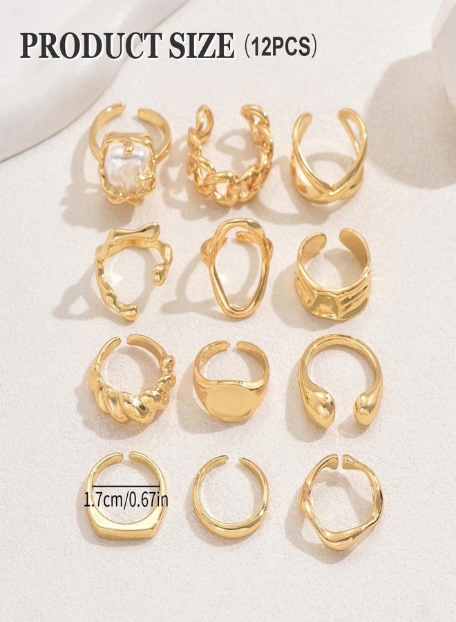 BharatBazaar 12 Piece Rings Set for Women, Vintage Knuckle Rings, Thick Gold Stacking Rings Set for Women, Vintage Knuckle Rings with Fine Hollow Engraving Joint Finger Midi Ring, Chic Gold Rings for Ladies Elegant - Image 2