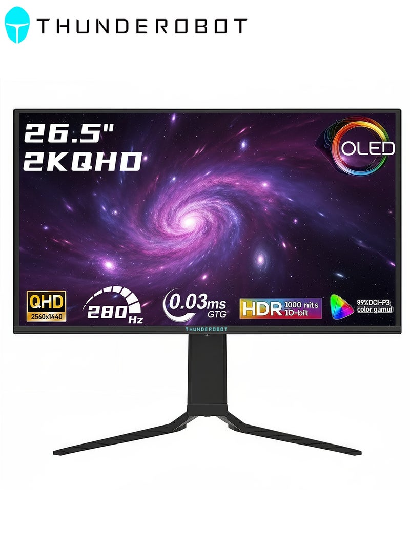 ثوندروبوت شاشة ألعاب QD-OLED بدقة 2K مقاس 26.5 بوصة | معدل تحديث 280 هرتز | زمن استجابة 0.03 مللي ثانية | HDR 1000nit | 99% DCI-P3 | إضاءة زرقاء منخفضة | شحن من النوع C بقدرة 15 واط | حامل قابل للتعديل الارتفاع والدوران - Image 1