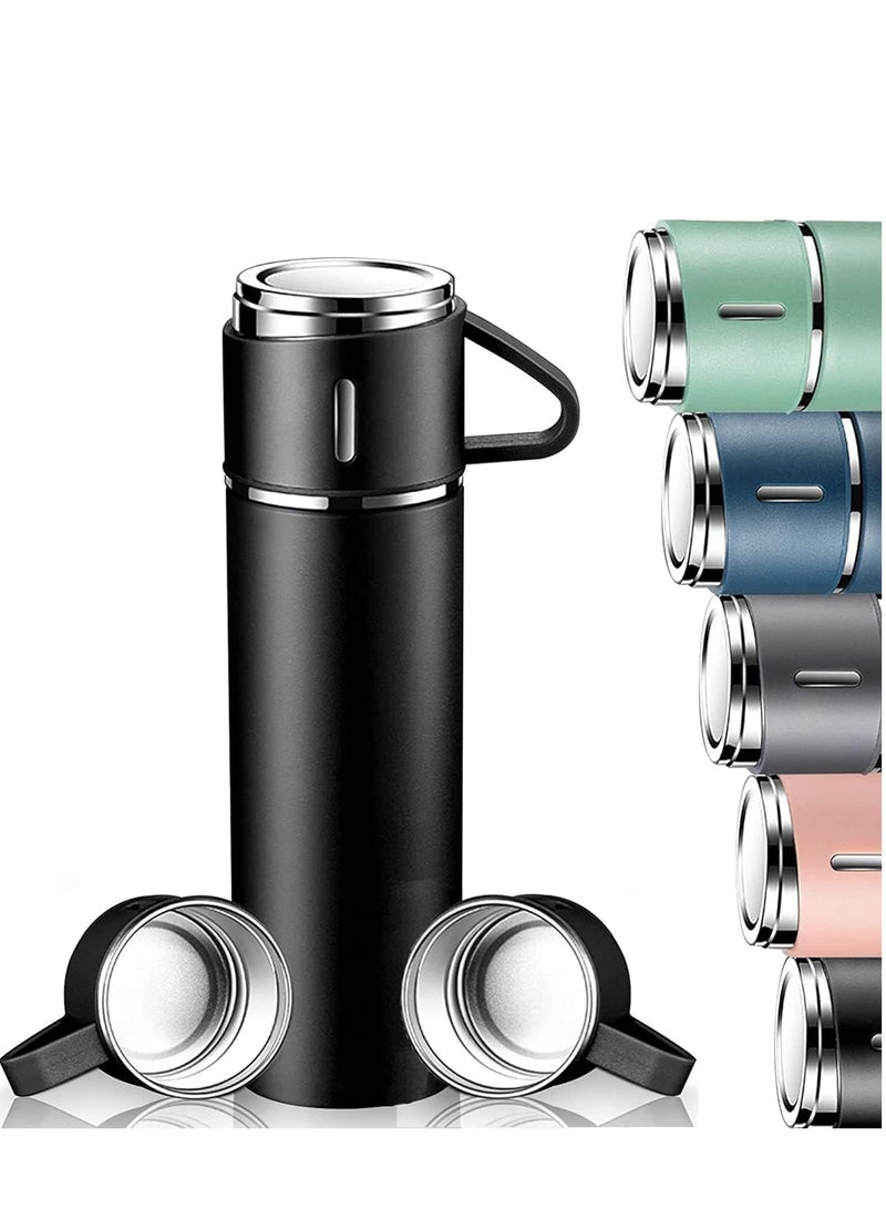 JAJEEK 500ml Stainless Steel Vacuum Thermos Flask with Silicone Handle – Water Bottle with 2 Stainless Steel Cups Set for Hot & Cold Outdoor Travel | Gift Box (2 PACK, BLACK) – Ideal for Hiking, Camping, and Travel - Image 1