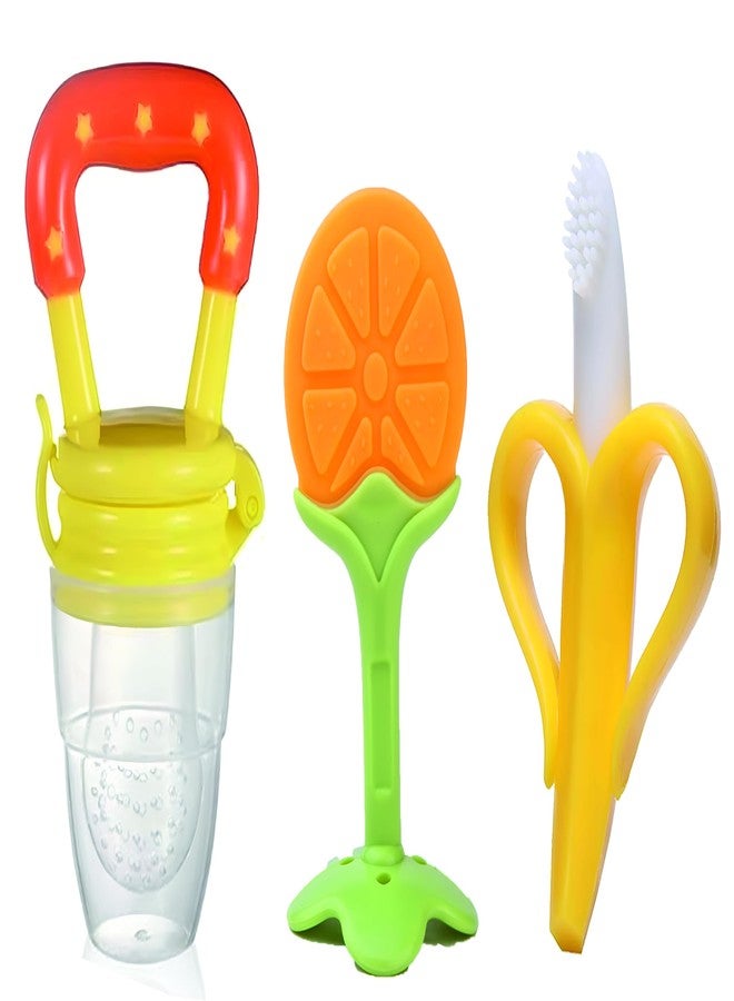 Roforuf Baby Banana Teether,Orange Teether & Fruit Feeder Combo – Safe & Soft Teething Relief & Oral Care Perfect for Newborn Toddlers & Infant Baby - Pack of 3 (Yellow ORNG) - Image 1