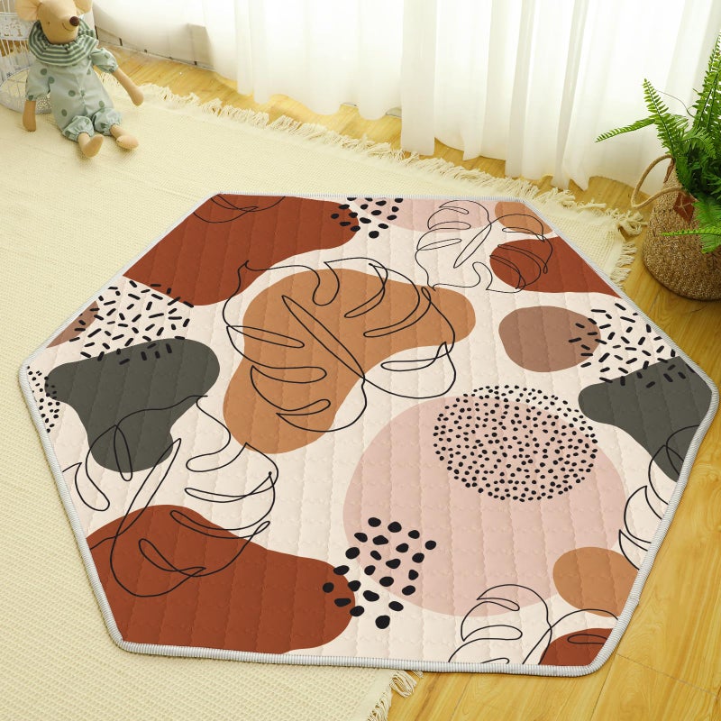Funtery Woodland Animals Hexagon Playpen Mat Baby Play Mat Foldable Soft Nursery Rug Portable Baby Playmat Washable Comfortable Hexagon Playpen Mattress for Floor Activity Room Boho Style