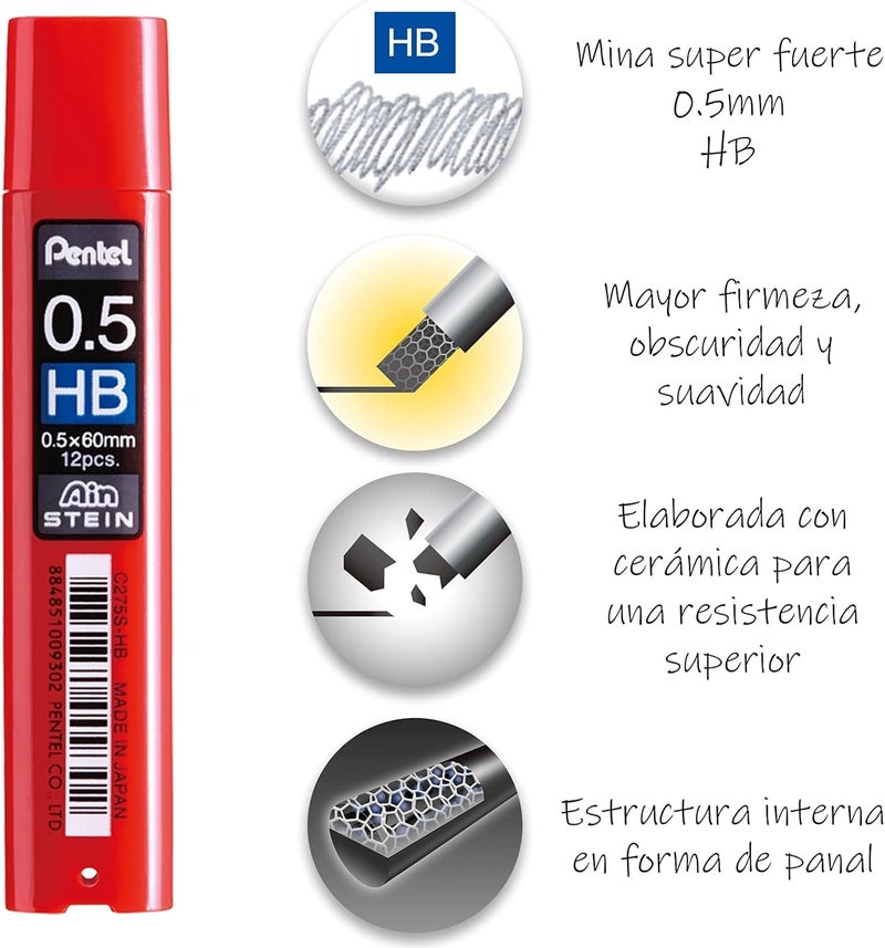 Pentel Ain Stein HB 0.5 mm Refill Lead - 12 Pieces - Image 2