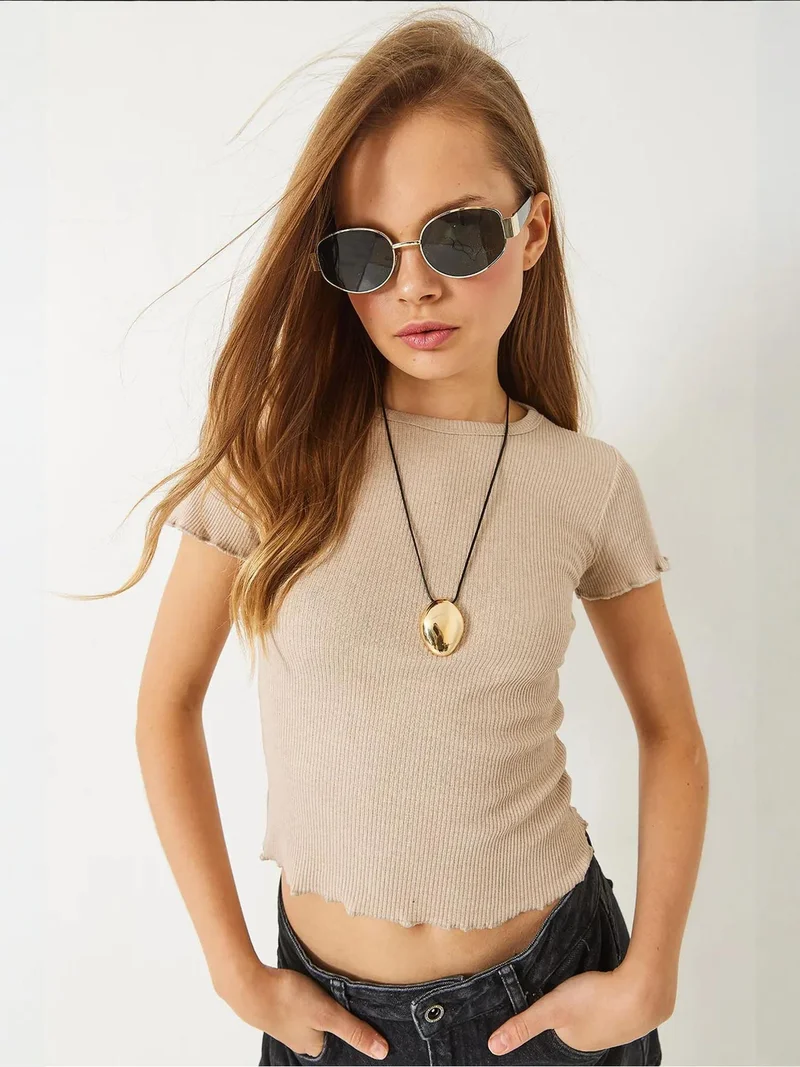 Bianco Lucci LUCCI Ribbed Striped Crop T-Shirt