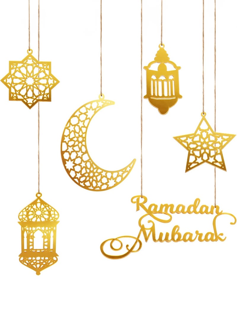 GOOGO 6pcs Golden Acrylic Ramadan Kareem Decoration Eid Mubarak Pendant Wind Light Moon Star Shaped Ramadan Hanging Ornaments for Walls Windows Trees - Image 1