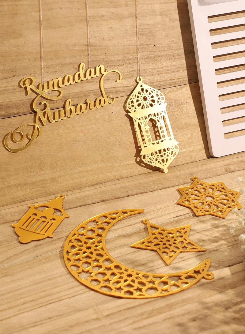 GOOGO 6pcs Golden Acrylic Ramadan Kareem Decoration Eid Mubarak Pendant Wind Light Moon Star Shaped Ramadan Hanging Ornaments for Walls Windows Trees - Image 3