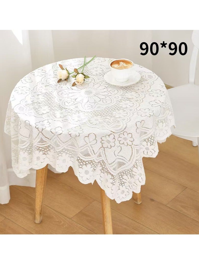 Lace Square Tablecloth 90 x 90 cm Elegant White Bedside Table Cover Embroidery Flower Design Table Overlays Dust Proof Cover Table Cloth Mat Bedroom Decor  - Image 2
