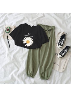 1 x 5 pcs Fashion Slim Womens Harem Pants and T-shirt Set 2024 Black + green pants