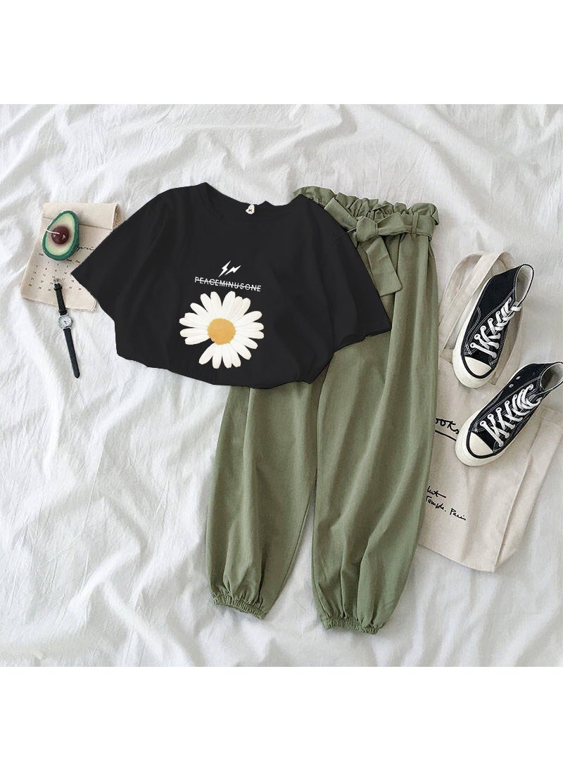 Generic - 1 x 5 pcs Fashion Slim Womens Harem Pants and T-shirt Set 2024 Black + green pants - Image 1