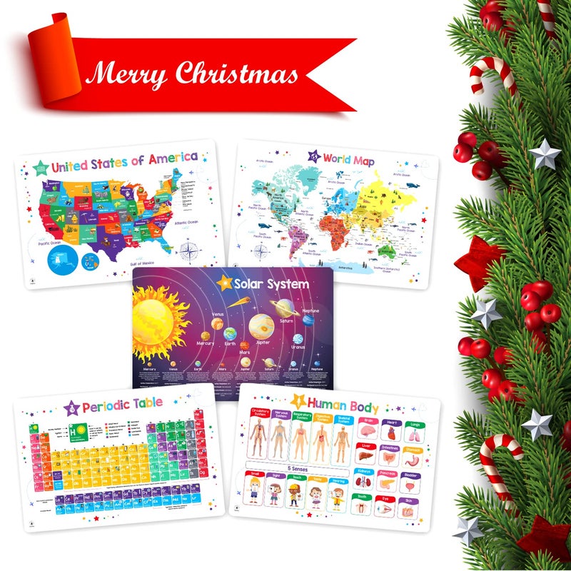 Simply magic مجموعة اكتشاف سحرية بسيطة من 5 حصائر تعليمية للأطفال - حصائر غير قابلة للانزلاق لطاولة الطعام، قابلة للمسح وإعادة الاستخدام: الولايات المتحدة، خريطة العالم، الجدول الدوري، النظام الشمسي - Image 2