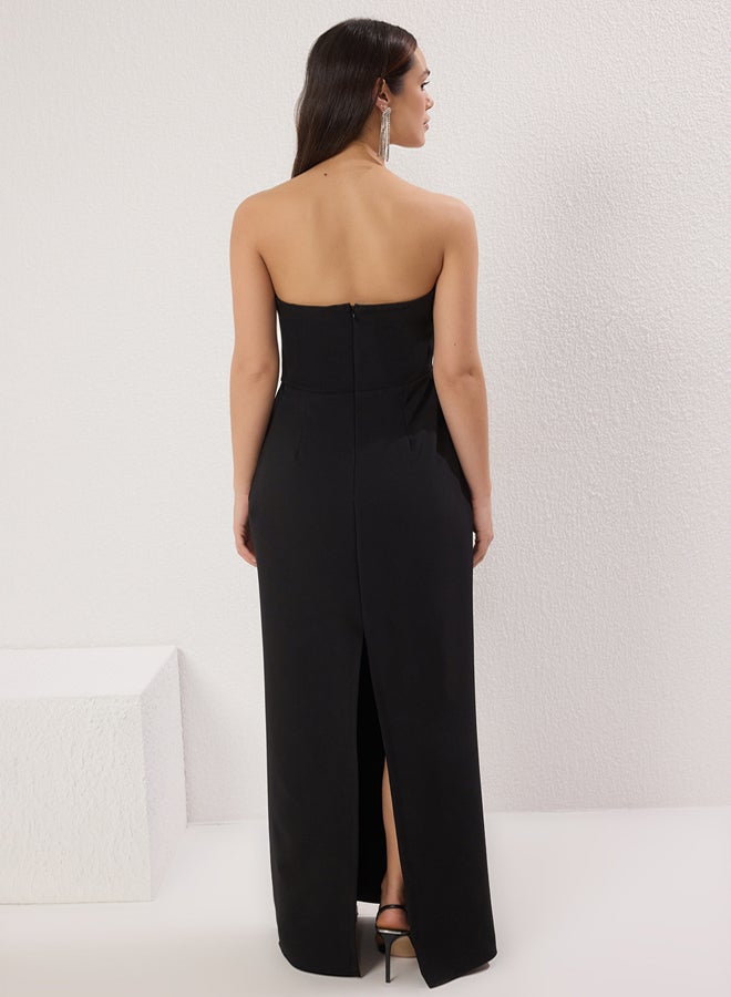trendyol Black Strapless Stone Accessory Detailed Woven Long Elegant Evening Night Graduation Dress - Image 4