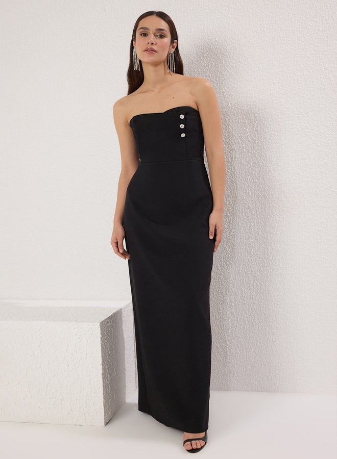 trendyol Black Strapless Stone Accessory Detailed Woven Long Elegant Evening Night Graduation Dress - Image 2