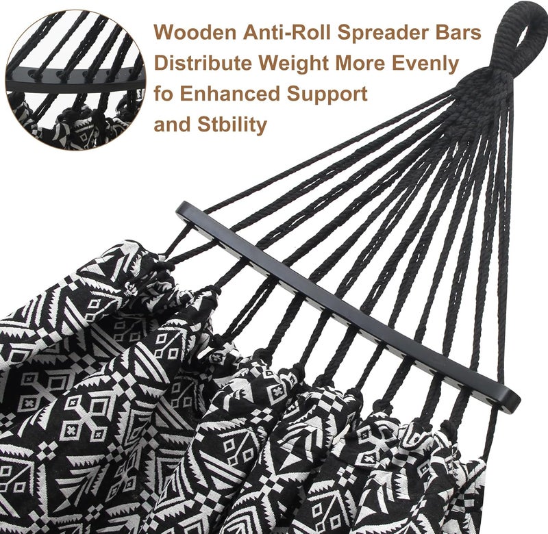 ROOITY 2 Person Hammock with Pillow,Indoor Hammocks with Portable Carry Bag Deluxe Macrame Fringe,Curved Spreader Bar,Side Pocket,Polycotton Fabric,Up to 450Lbs for Patio,Porch,Backyard,Beach,Outdoor - Image 3