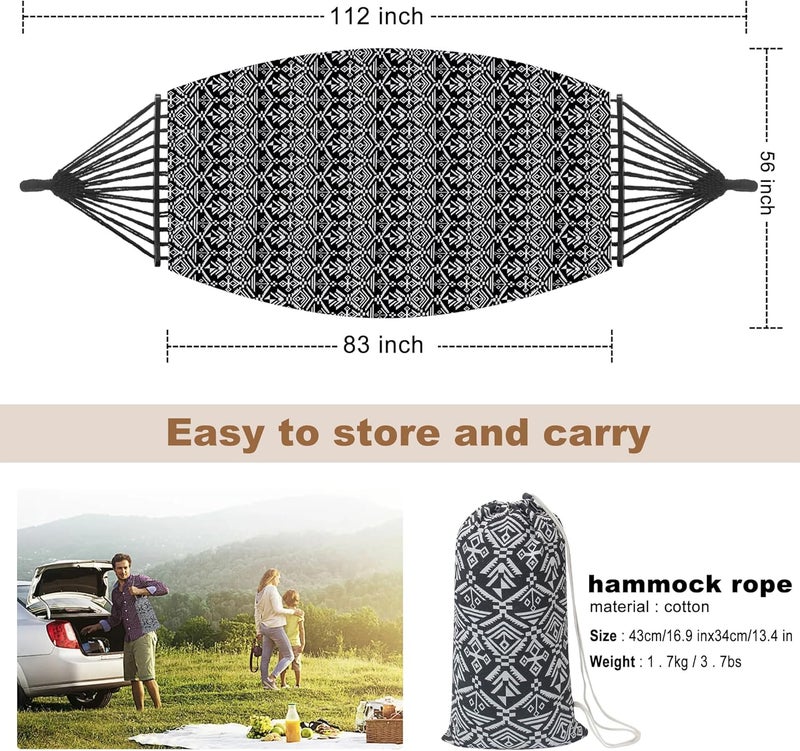 ROOITY 2 Person Hammock with Pillow,Indoor Hammocks with Portable Carry Bag Deluxe Macrame Fringe,Curved Spreader Bar,Side Pocket,Polycotton Fabric,Up to 450Lbs for Patio,Porch,Backyard,Beach,Outdoor - Image 2