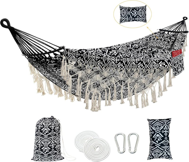 ROOITY 2 Person Hammock with Pillow,Indoor Hammocks with Portable Carry Bag Deluxe Macrame Fringe,Curved Spreader Bar,Side Pocket,Polycotton Fabric,Up to 450Lbs for Patio,Porch,Backyard,Beach,Outdoor - Image 1