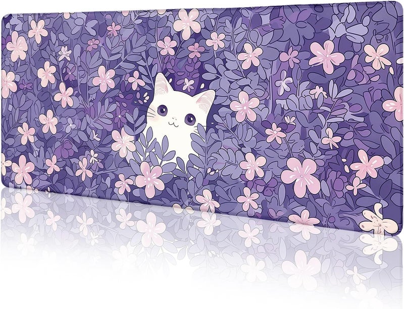 LIMKRIAN Cat Purple Mouse Pad Large Desk Mat, Kawaii Purple Computer Mousepad with Stitched Edges Non-Slip, Keyboard Mouse Pad for Desktop Cute Office Supplies Desk Decor Accessories 31.5x11.8 in - Image 1