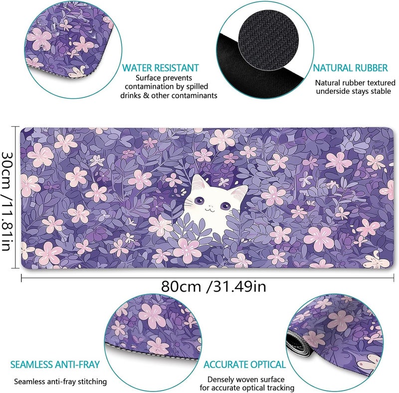 LIMKRIAN Cat Purple Mouse Pad Large Desk Mat, Kawaii Purple Computer Mousepad with Stitched Edges Non-Slip, Keyboard Mouse Pad for Desktop Cute Office Supplies Desk Decor Accessories 31.5x11.8 in - Image 5